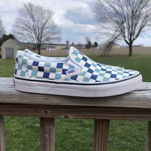 White and Blue Checkered Slip On Vans